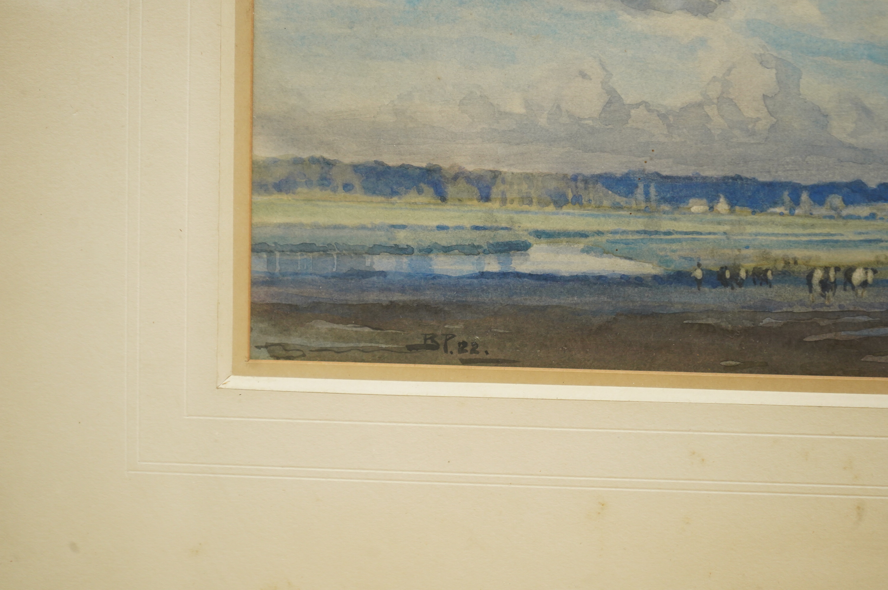 Bertram Priestman (1868-1951), Landscape with cattle grazing before church, initialled and dated '22, watercolour, 25 x 36cm